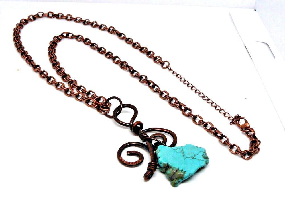 Hand Made Unique Copper Necklace 25” w Natural Turquoise Pendant Gift